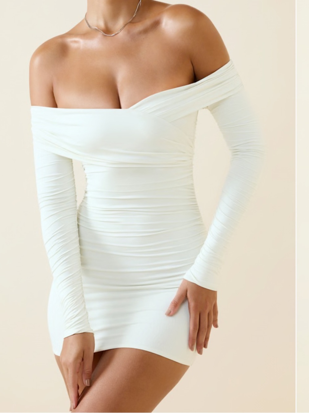 Oh Polly Off-Shoulder Ruched Bodycon Mini Dress in Vanilla Cream
